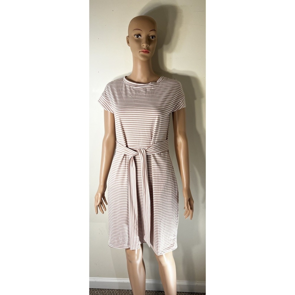 Merokeety Women's‎ Striped Pink Casual Dress Short Sleeve Tie Waist Pockets S